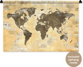 Wandkleed WereldkaartenKerst illustraties - Donkere wereldkaart met oranje verf op een achtergrond van krantenpapier Wandkleed katoen 90x60 cm - Wandtapijt met foto