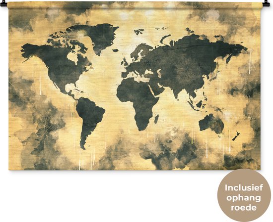 Wandkleed WereldkaartenKerst illustraties - Wereldkaart met donkergrijze en zandkleurige verf op een achtergrond met structuurpatroon Wandkleed katoen 120x80 cm - Wandtapijt met foto