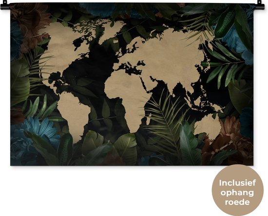 Wandkleed WereldkaartenKerst illustraties - Zandkleurige wereldkaart op een zwarte achtergrond versierd met bloemen en bladeren Wandkleed katoen 90x60 cm - Wandtapijt met foto