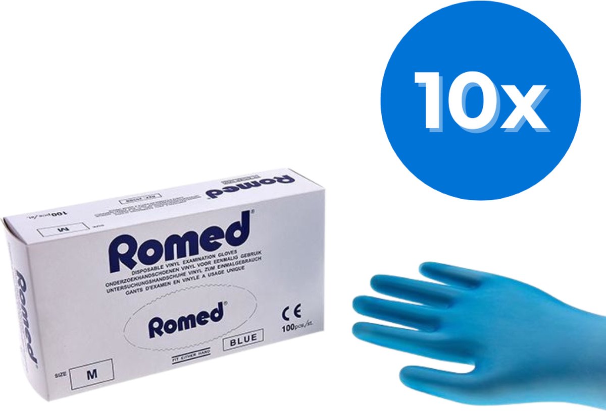 Goedkoopste Romed vinyl handschoenen gepoederd blauw 1000 stuks - Set van 10 doosjes S Romed