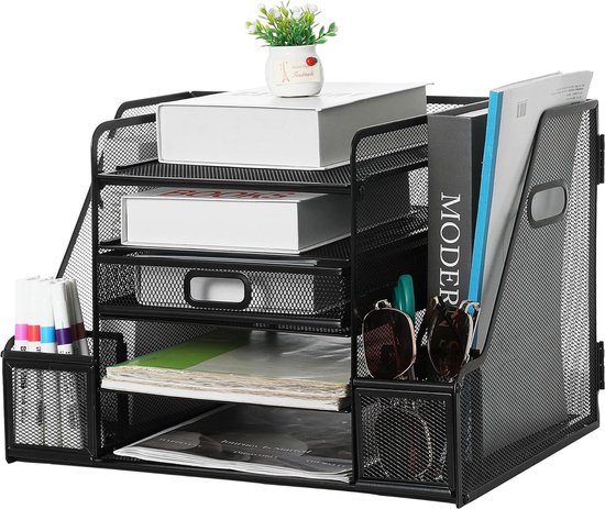 Organisateur Bureau Organiseur Bureau 5 Niveaux Coulissant - Bac Maille Métallique A4 - Range Papiers Et Dossiers Bac à Courrier Avec Poignée