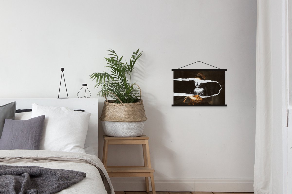 Posterhanger incl. Poster 60x40 cm - Schoolplaat - Elizabeth Spiegel - Zwart - Wit - Textielposter - Zwarte latten
