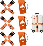 Set van 6 bagageriemen met adreslabel + 3 bagagelabels met adreslabel, kofferriem, kofferriem, kofferriem, kruisband (6 oranje)
