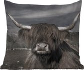 Buitenkussen - Schotse hooglander - Portret - Zwart - Wit - Dier - Wild - Natuur - 45x45 cm - Weerbestendig