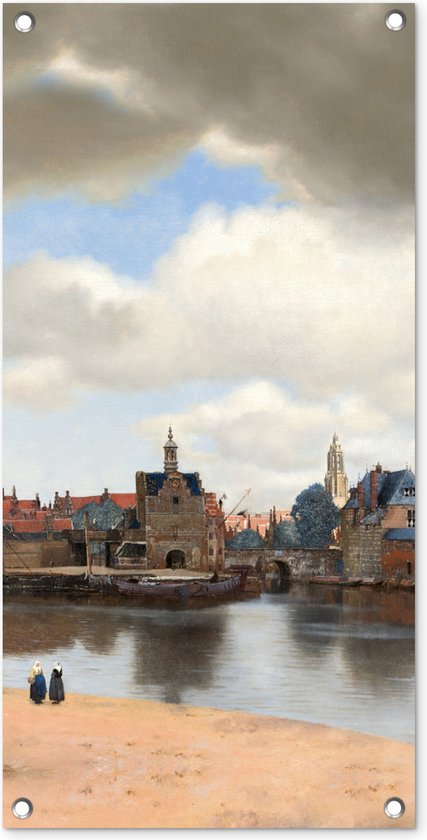 Tuinposter Gezicht op Delft - Schilderij van Johannes Vermeer - 40x80 cm - Wanddecoratie Buiten - Tuinposter - Tuindoek - Schuttingposter - Tuinschilderij