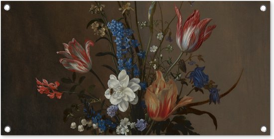 Tuinposter Bloemen in een Wan-Li vaas en schelpen - Schilderij van Balthasar van der Ast - 80x40 cm - Wanddecoratie Buiten - Tuinposter - Tuindoek - Schuttingposter - Tuinschilderij