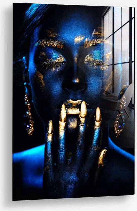 Wallfield™ - Femme Blue | Peinture sur verre | Verre trempé | 40 x 60 cm | Système de suspension magnétique