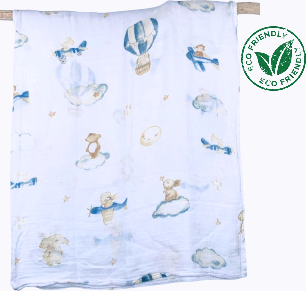 Goedkoopste Duopack 2x BoefieBoef Lucht Beer Grote XL Hydrofiele Doek Baby - Duurzaam Eco Bamboe - Kerst en KraamCadeau - Swaddle, Inbakerdoek, Hydrofiele Luier & Babydeken - Wit Dier Blauw Vliegtuig