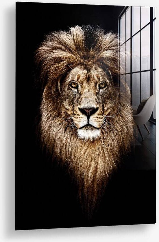 Wallfield™ - Lion Head | Glasschilderij | Gehard glas | 60 x 90 cm | Magnetisch Ophangsysteem