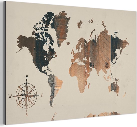 Décoration murale Métal - Peinture Aluminium Industrielle - Wereldkaart - Etagère Bois - Rose des Vents - 30x20 cm - Dibond - Photo sur aluminium - Décoration murale industrielle - Pour le salon / chambre