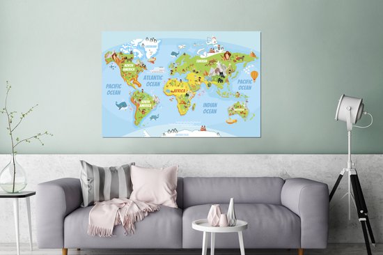 Décoration murale Métal - Peinture Aluminium - Carte du Wereldkaart - Enfants - Animaux - 180x120 cm