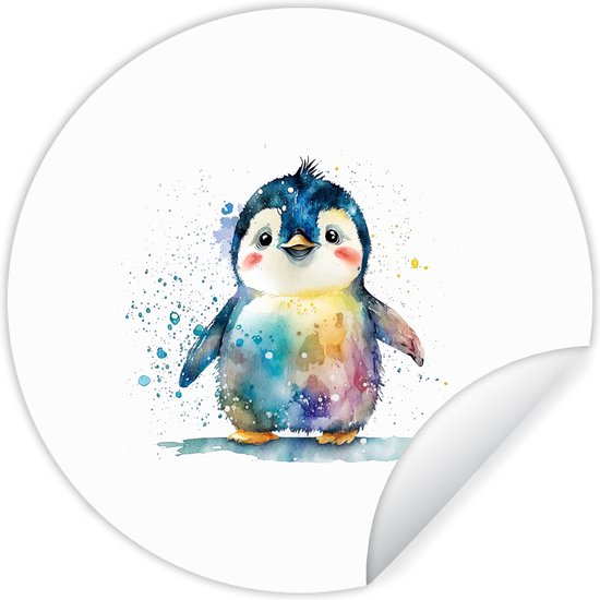 WallCircle - Muurstickers - Behangcirkel - Pinguïn - Regenboog - Waterverf - Dieren - Kinderen - 100x100 cm - Muurcirkel - Zelfklevend - Ronde Behangsticker XXL