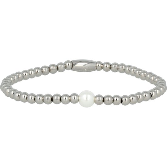 My Bendel - Zilverkleurige kralenarmband met een witte parel - Elastische zilverkleurige kralenarmband met een witte parel - Met luxe cadeauverpakking