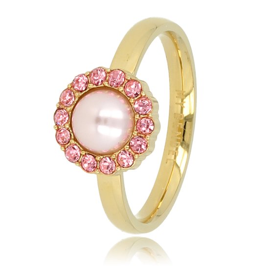 My Bendel - Ring en or avec pierres de zircone et perle rose - Bague en or avec une perle rose ronde ornée de pierres de zircone - Avec emballage cadeau luxueux
