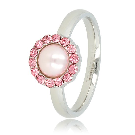 My Bendel - Ring zilver met zirkonia steentjes en roze parel - Zilveren ring met een ronde roze parel versierd met zirkonia steentjes - Met luxe cadeauverpakking