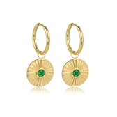 Gouden oorbellen Green Agate zonnetje - Vrolijke gouden oorringen met zonnetje hanger en Green Agate edelsteen erin - Met luxe cadeauverpakking