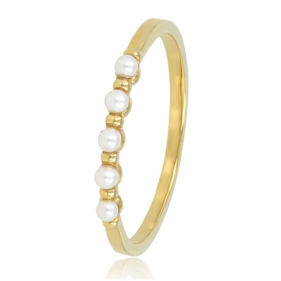 My Bendel - Gouden ring met kleine witte parels - Gouden aanschuifring met 5 kleine witte parels - Met luxe cadeauverpakking