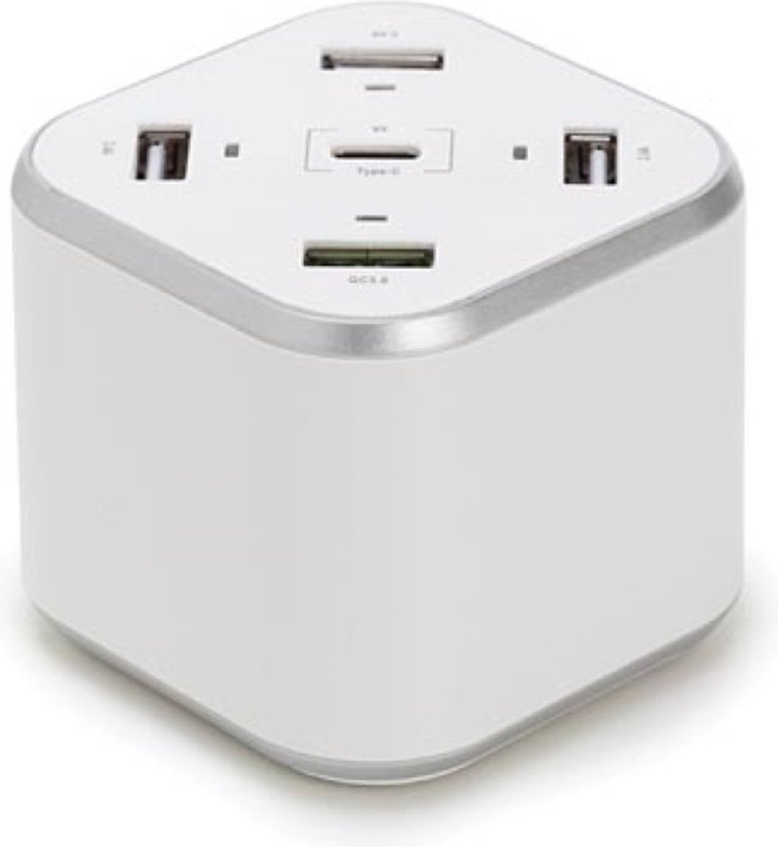 HQ-Power Smart USB laadstation, met 5 poorten (3 x USB-A, 1 x USB Quick charge 3.0, 1 x Type C), snellader, bescherming tegen overstroom, oververhitting, overspanning en kortsluiting, compact design, ledindicator, kabel 1.2 m, wit
