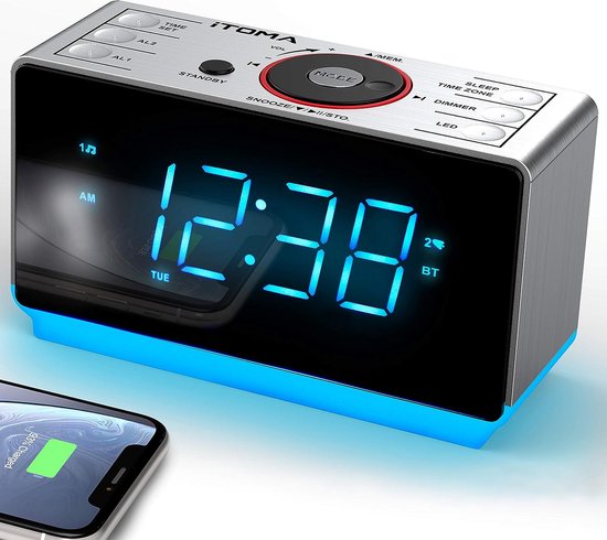 Radio-réveil Bluetooth - Haut-parleur - FM - Double fonction alarme - Groot écran LED avec variateur - Port de chargement USB - Veilleuse
