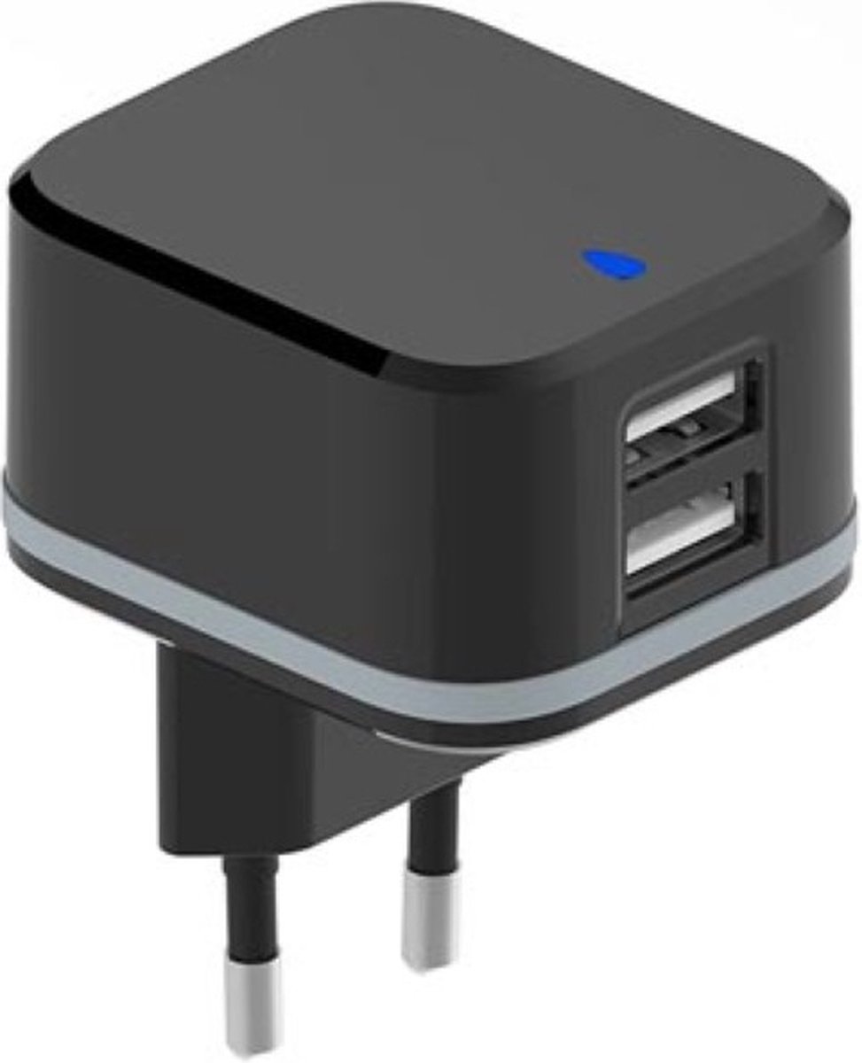 HQ-Power USB-lader, met 2 USB-poorten, 5 V 4.8 A 24 W, ideaal voor mobiele telefoons, smartphones, tablets, GPS en meer, beveiliging tegen kortsluiting, ledindicator, perfect voor zowel dagelijks gebruik als voor op reis, zwart