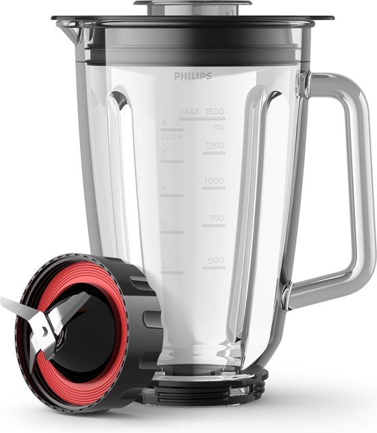 Glazen blenderkan van Philips met deksel en mesunit. Markeringen tot 1500 ml.