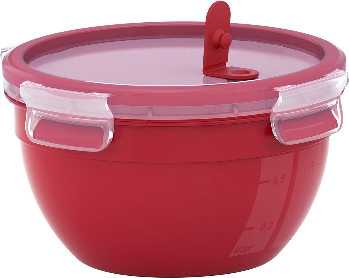 Magnetrondoos Clip & Micro N10605 magnetronventiel 1 liter rond lunchtrommel geïntegreerde maatverdeling Gemaakt in rood transparant