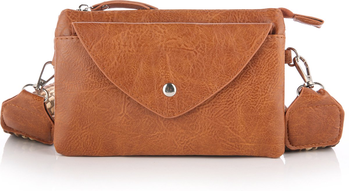 Schoudertasje / crossbodytasje met geweven schouderriem, camel