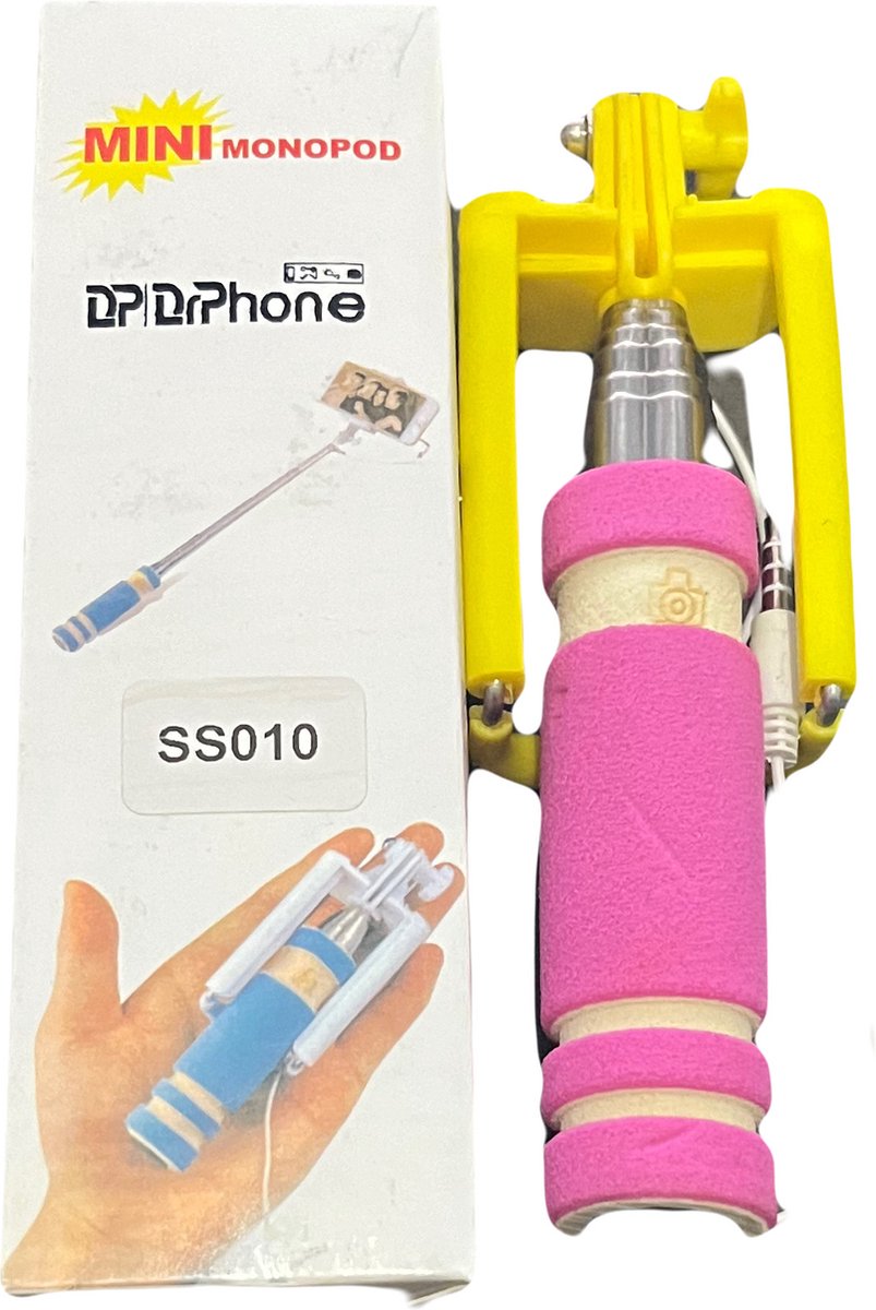 DrPhone PiX Series Pocket Mini Selfie Stick - Universeel - Met Kabel Afstandsbediening - Roze/Geel
