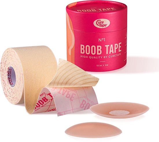 CureTape - Boob Tape No1 - BEIGE - Fashion Tape – Plak BH – Borst tape - Boobtape met silicone Nipple Covers