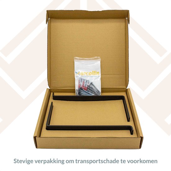 Set van 2 zwarte industriële plankdragers in stevige kartonnen verpakking met schroeven.