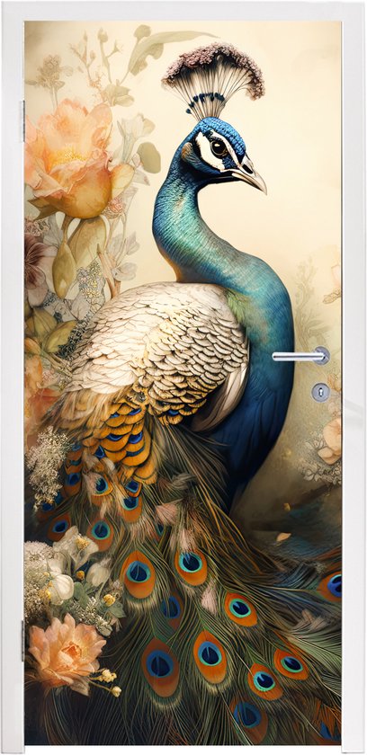 Sticker porte Paon - Plumes de paon - Fleurs - Vogels - Botanique - 80x205 cm - Poster porte