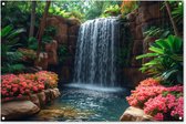 Tuinposter 120x80 cm - Tuindecoratie Waterval - Jungle - Planten - Water - Natuur - Poster voor in de tuin - Buiten decoratie - Schutting tuinschilderij - Tuindoek muurdecoratie - Wanddecoratie balkondoek