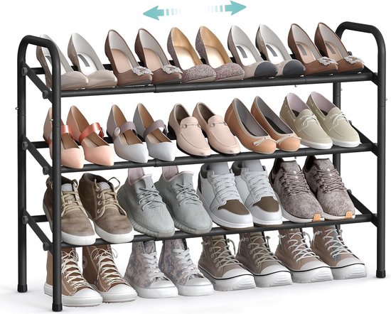 Schoenenrek, schoenenstandaard, 3 niveaus, metalen rek, verstelbaar, schoenen, staand rek, voor hal, garderobe, entree, inktzwart LMR039B01