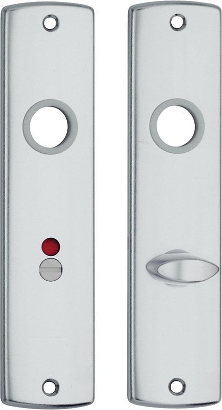 Twee zilverkleurige AXA binnendeur schilden, een met knop en indicator, de andere met deurkruk.