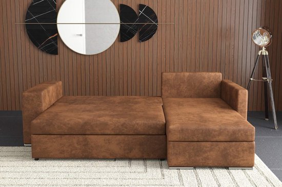 canapé d'angle johny L - tissu microfibre cognac - avec lit et rangements - salon d'angle johny - sièges et lits