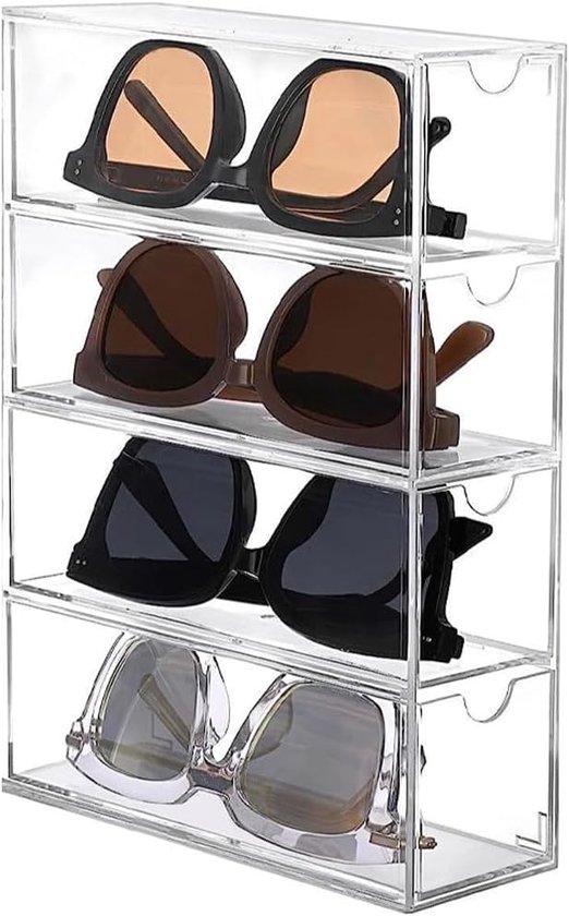 Boîte de rangement pour lunettes, lunettes de soleil en acrylique, organisateur de lunettes, boîte à lunettes épaisse, support de lunettes avec 4 tiroirs pour montres, colliers, lunettes, cosmétiques, lunettes de lecture