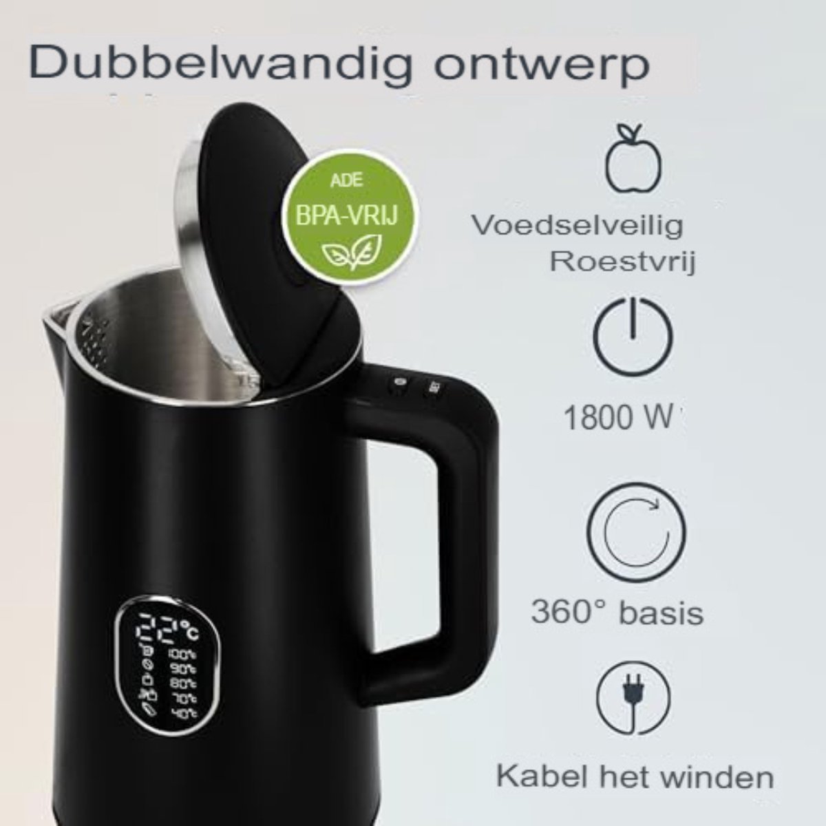 Balter Waterkoker roestvrij staal, 1,7 liter, RVS, elektrische waterkoker, dubbelwandige, BPA-vrije, led, voor thee, compact, zwart