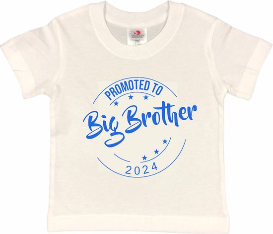 Shirt Aankondiging zwangerschap Promoted to Big Brother 2024 | korte mouw | Wit/blauw | maat 122/128 zwangerschap aankondiging bekendmaking Baby big bro brother