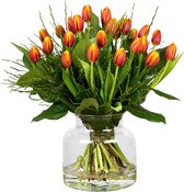 VeenseTulpen: Vers Bloemenboeket Multicolor Warm - 20 Stuks Tulpen - Met Extra Groen - Verse Warme Multicolor Bloemen