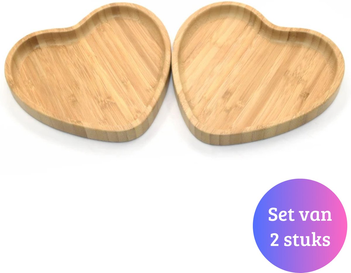 Janse® Serveerschaal hart set van 2 - Bamboe Serveerbord - Houten schaaltje - Onderzetter - Dienblad - Borrelplank - Houten hart - Interieur - Kaarsen plateau