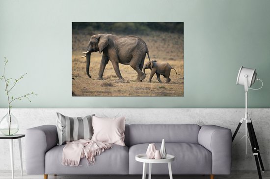 Décoration murale Métal - Peinture Aluminium - Enfant courant après maman éléphant - 120x80 cm
