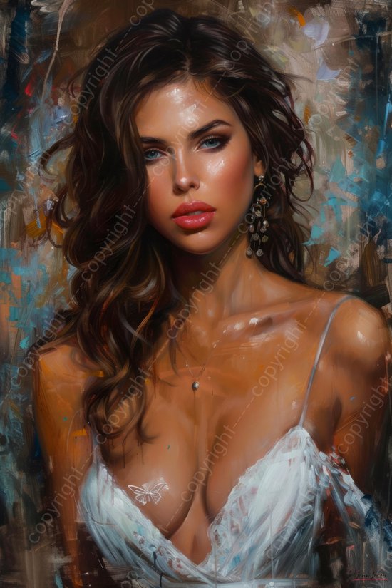 JJ-Art (Canvas) 90x60 | Vrouw in witte jurk, geschilderde stijl, blauwe ogen, sensueel, kunst | portret, sieraden, sexy, mens, bruin, blauw, modern | Foto-Schilderij canvas print (wanddecoratie)