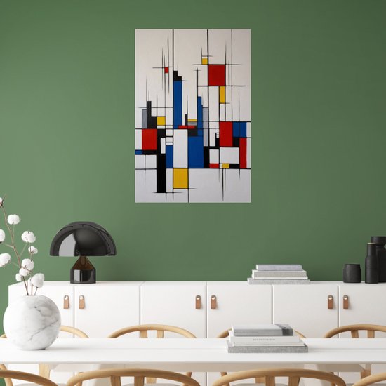 Tableau style Skyline Piet Mondrian - Peinture Piet Mondrian sur verre - Décoration murale skyline - Décoration murale industrielle - Peintures sur verre acrylique - Peintures - 60 x 90 cm 5mm