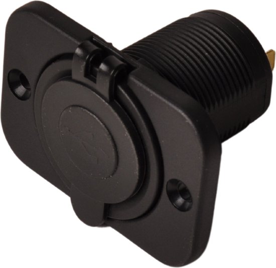 Zwarte USB-inbouwdoos met gesloten rubberen kap met USB-symbool.