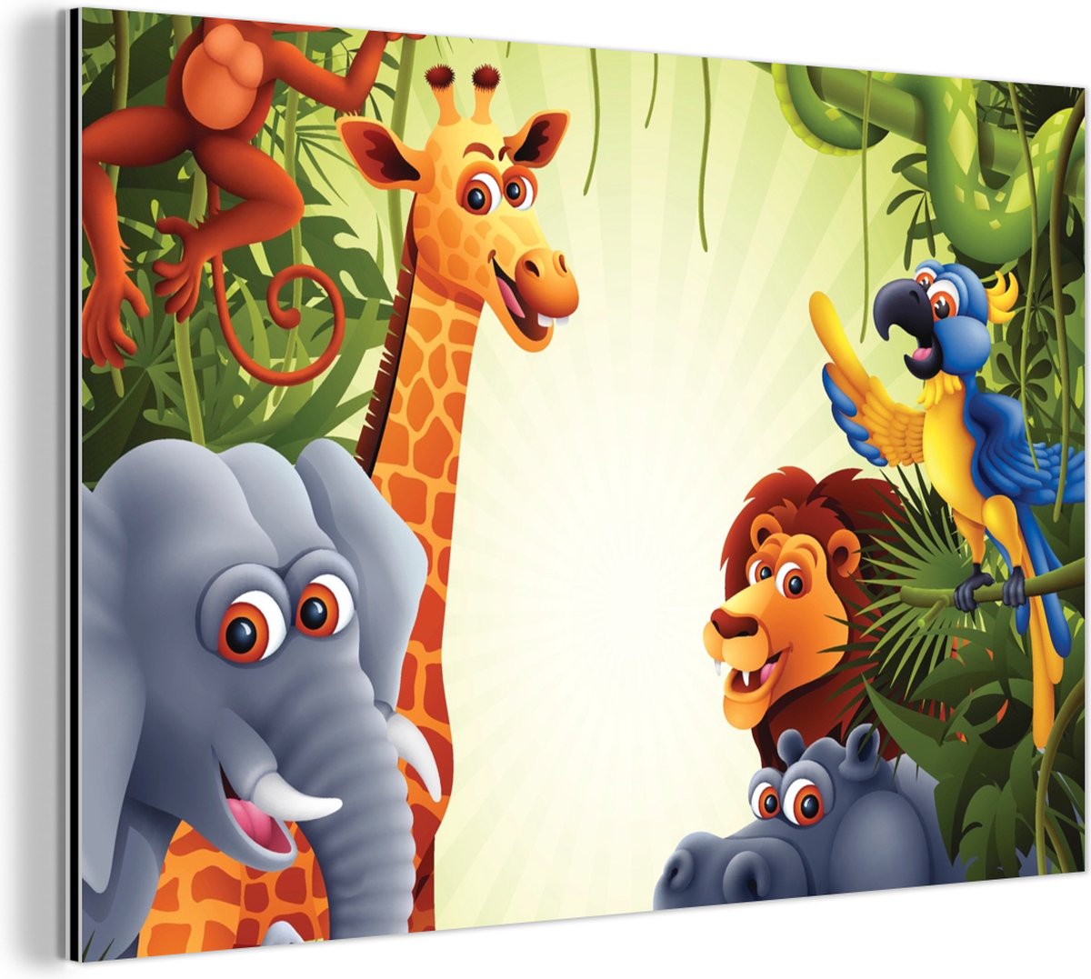 Wanddecoratie Metaal - Aluminium Schilderij Industrieel - Jungle - Jongens - Meiden - Baby - Olifant - Leeuw - Giraf - 120x80 cm - Dibond - Foto op aluminium - Industriële muurdecoratie - Voor de woonkamer/slaapkamer