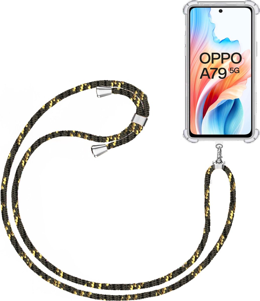 Telefoonkoord + Hoesje Geschikt voor OPPO A79 5G - Lengte Verstelbaar - Telefoonketting - Shock Proof Case - Zwart Goud