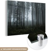 MuchoWow® Glasschilderij 120x80 cm - Schilderij acrylglas - Bos - Licht - Mist - Foto op glas - Schilderijen