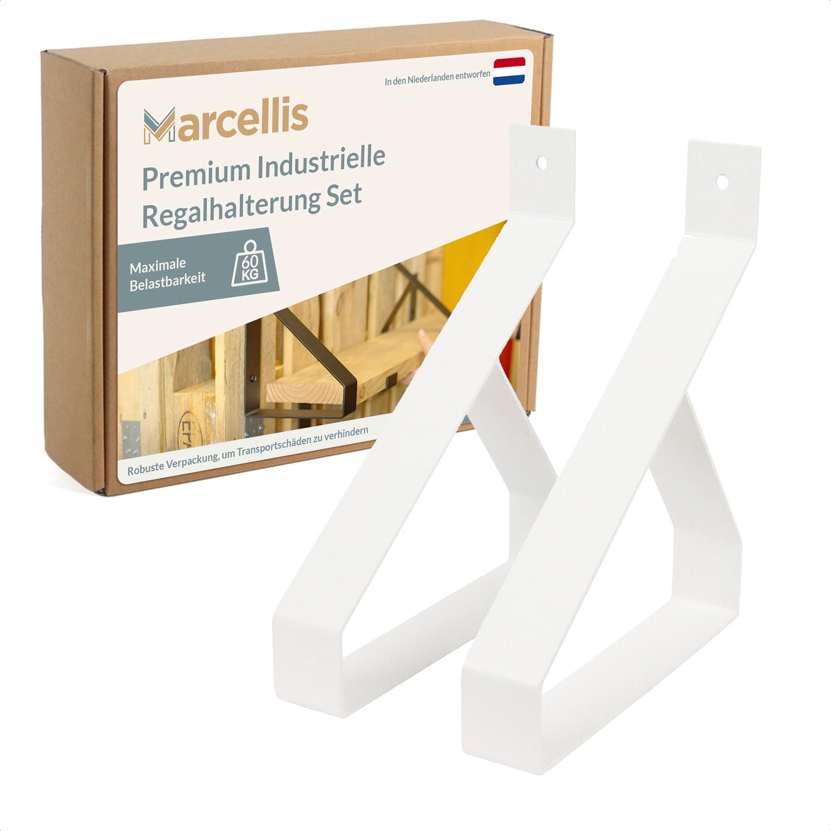 Marcellis - 2x Industriële plankdrager - Voor plank 20cm + schroefset - mat wit - staal - T2