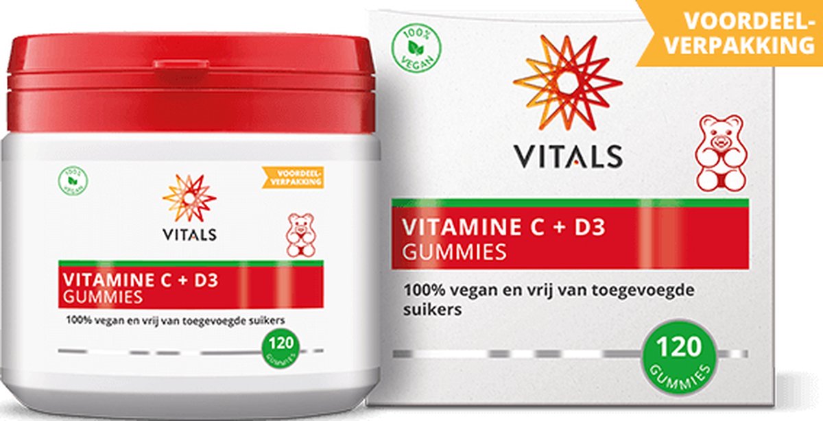 Goedkoopste Vitals Vitamine C D3 gummies - 120 gummibeertjes. 100 vegan en vrij van toegevoegde suikers.