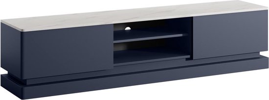 PASCAL MORABITO Tv-meubel met 2 lades en 2 nissen met ledverlichting - Mdf - Blauw met wit marmereffect - DEVIKA - van Pascal Morabito L 190 cm x H 44 cm x D 40 cm